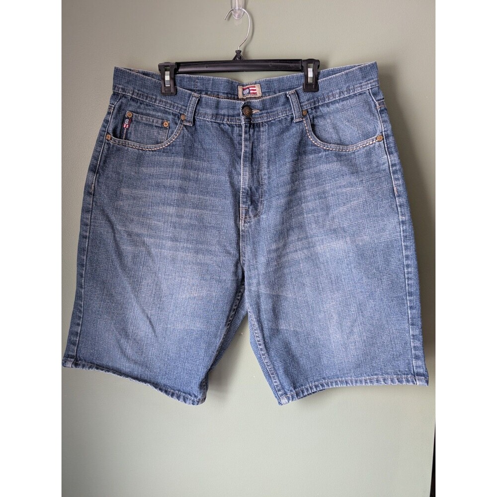 Phat Farm Denim Shorts Mens Sz 38 Blue Embroidered Baggy Hip Hop Skater Y2K
